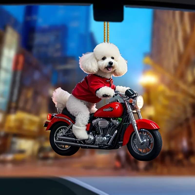 1pc 2D Flat   Adorable Bichon Frise on Motorcycle Acrylic Hanging Ornament Charming Red-Dress
