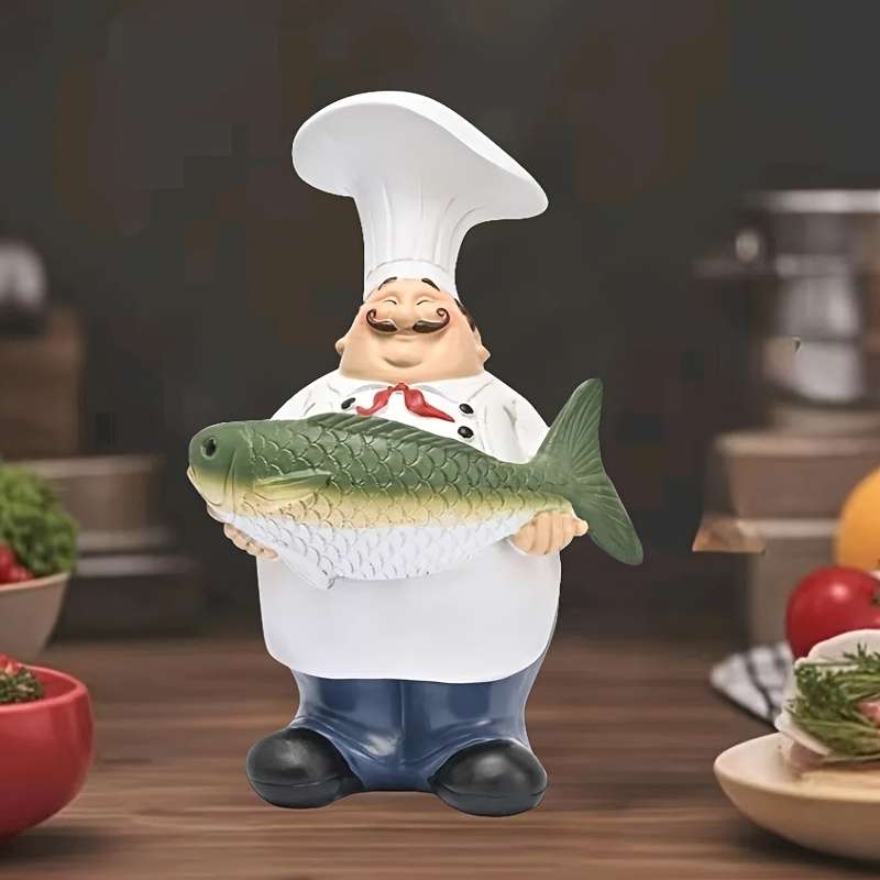1pc Charming European Chef with Fish Figurine Rustic Resin Statue Cartoon-Style Kitchen Decor fo