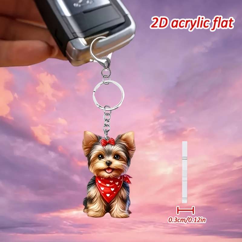 1pc 2D Flat   Cute Yorkshire Terrier Pattern Keychain Novel Acrylic Design Key Chain Decoration