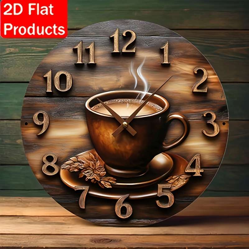 1pc 2D Flat Rustic Wooden Wall Clock with Coffee Cup Design Classic Vintage Style Not real clock
