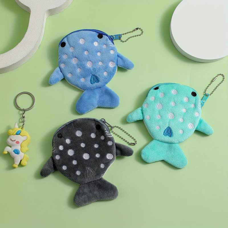 1pc Mini Whale Charm Coin Pouches Adorable Whale Designs Soft Polyester Hand Washable Zipper C