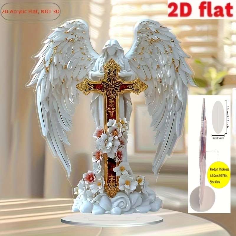 1pc 2D Flat  Acrylic Angel and Cross Centerpiece Decoration with Floral Decoration Suitable for P