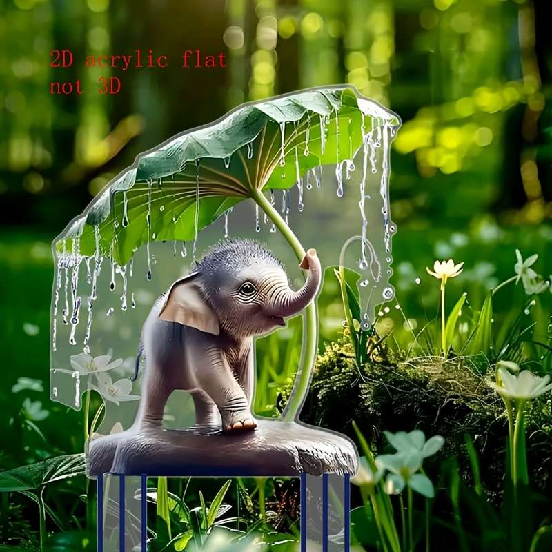 1pc 2D Flat  Charming Youngsters Elephant Under Umbrella  Acrylic Garden Stake Bohemian Style O