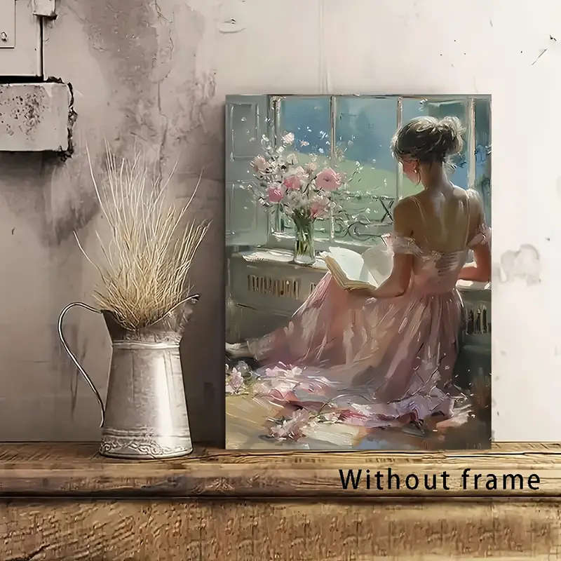 1pc Elegant Woman Reading Canvas Art Print Unframed Classical Wall Decor for Home Office or Cafe Ser