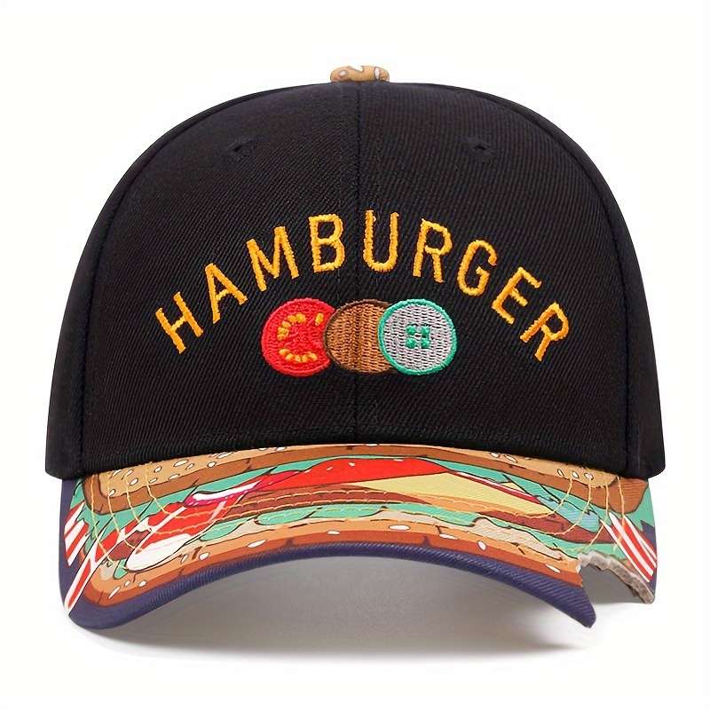 1pc Men's Cap With HAMBURGER Embroidery And A Flat Brim Men's Casual Adjustable Buckle Baseball Ca