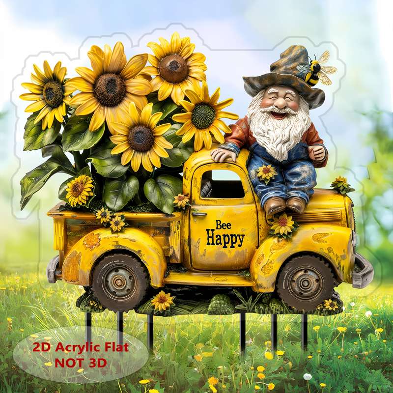 1pc 2D Flat  Acrylic Bee Dwarf Old-Fashioned Male Truck Garden Stake Acrylic Flowerpot Landscape Si