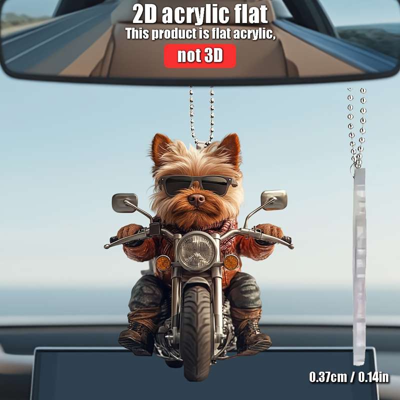 1pc 2D Flat   Yorkshire Terrier Riding Motorcycle  Acrylic Hanging Ornament Flat Design with