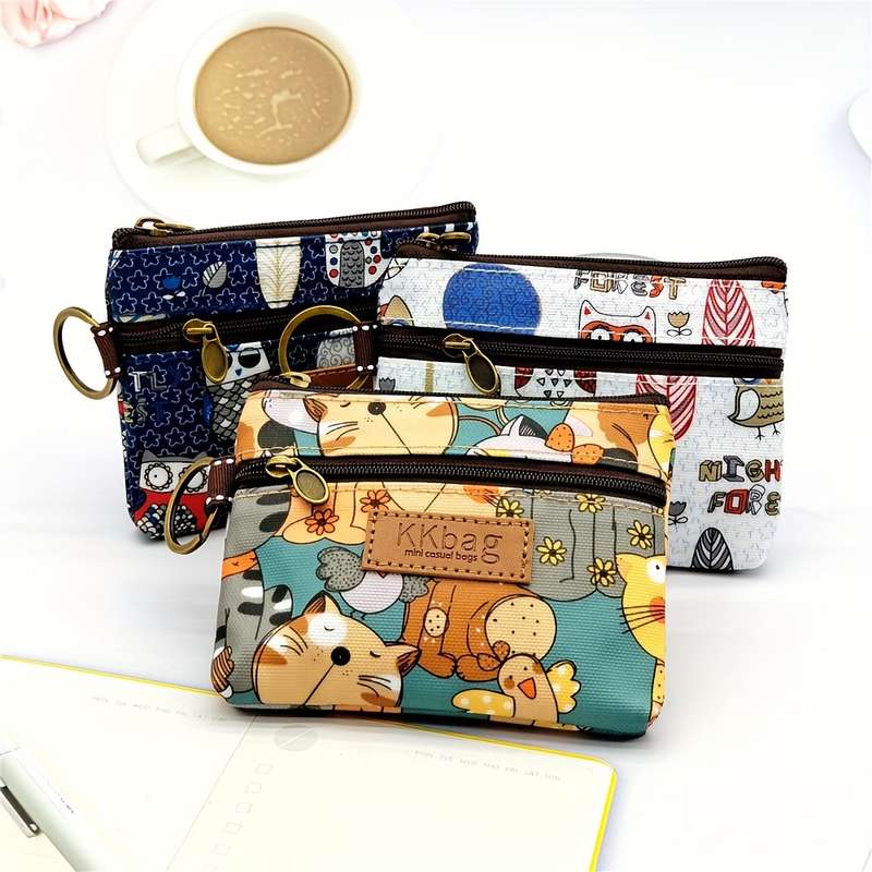 1pc KKBAG Mini Cute Cartoon Coin Purse in Beige with Colorful Animal Design Portable Credit C