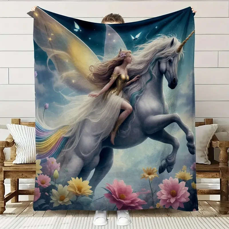 1 Romantic Unicorn and Floral Design Printed Flannel Blanket 100CM*130CM