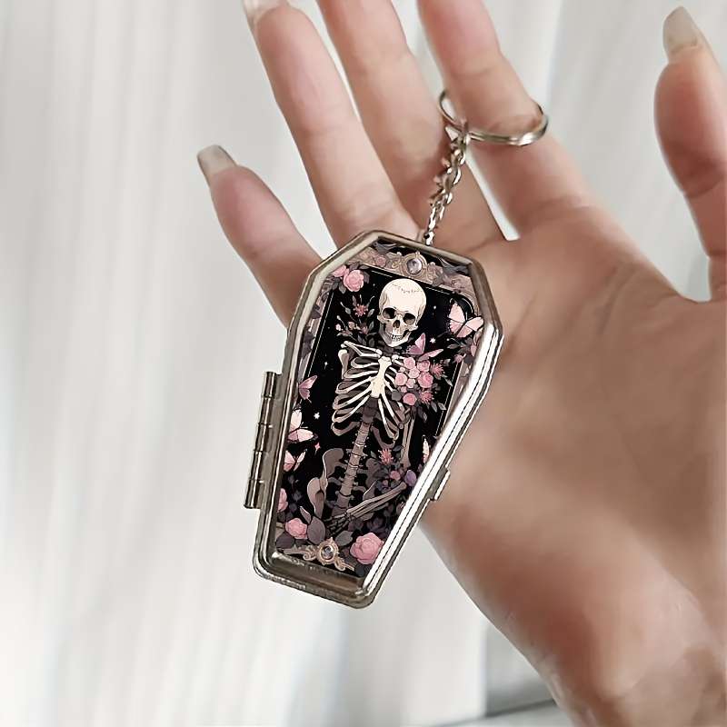1pc Halloween Rose Colored Coffin Shaped Pocket Ashtray Keychain Portable Mini Ashtray with Li