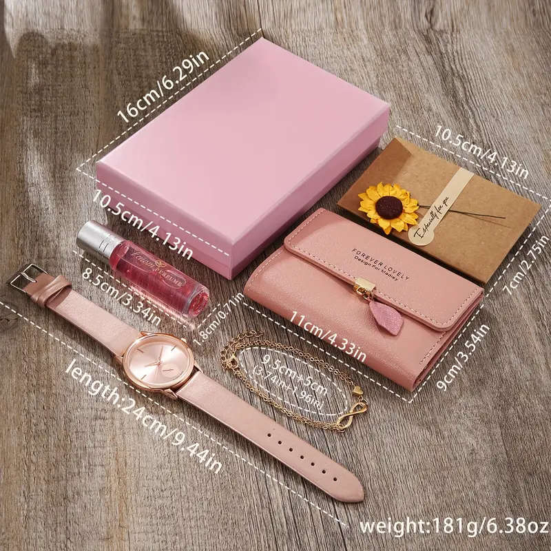 5PCS Minimalist Women's Gift Set Faux Leather Wallet with Snap Closure Leather Lining Matching Watch