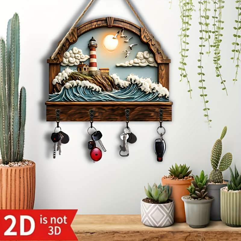 2D Flat 2d/Flat Seaside Lighthouse Simple and Colorful Wooden Home Key Hanger with Four Metal Hooks