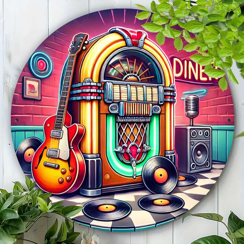1pc Vintage Jukebox Metal Wall Art 19.81cm Aluminum Round Decor with Guitar Records Retro Dine