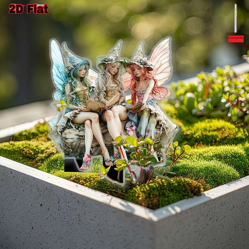 1pc 2D Flat   Printingacrylic fairy garden stakes rustic style reading fairy decorative ac