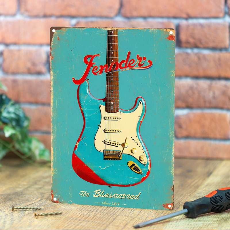 1pc 2D Flat  Vintage Fender Guitar Metal Wall Art 20.32x30.48 cm Retro Poster with Fender