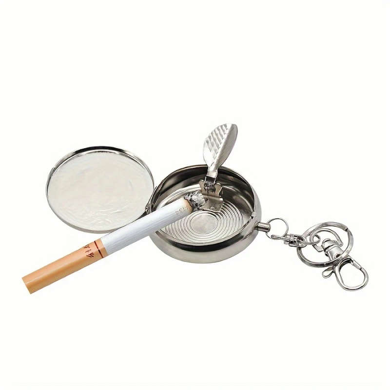 1pc Stainless Steel Round Ashtray with Key Ring No Battery Required Color sent randomly