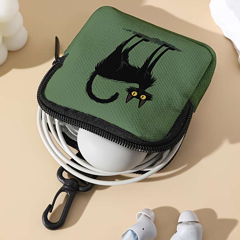 1pc Green Bottom Cat Print Coin Purse with Zipper and Buckle Multi-Purpose Storage Bag for Men