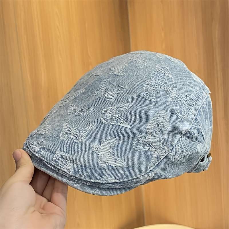 1pc Vintage Butterfly Denim Beret for Women Adjustable Sun-Protective Fashion Cap with Tie-Dye D