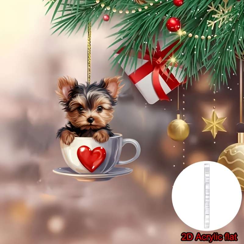 1pc 2D Flat  Adorable Yorkshire Terrier in Teacup Acrylic Pendant Versatile  Charm Hanger for H