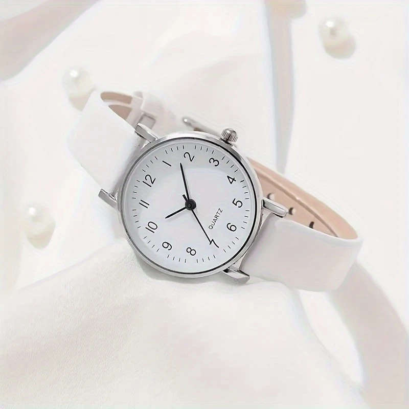 2pcs Women's Simple PU Leather White Quartz Watch + Fashion Leaf Open Bracelet Set Valentine's Day E