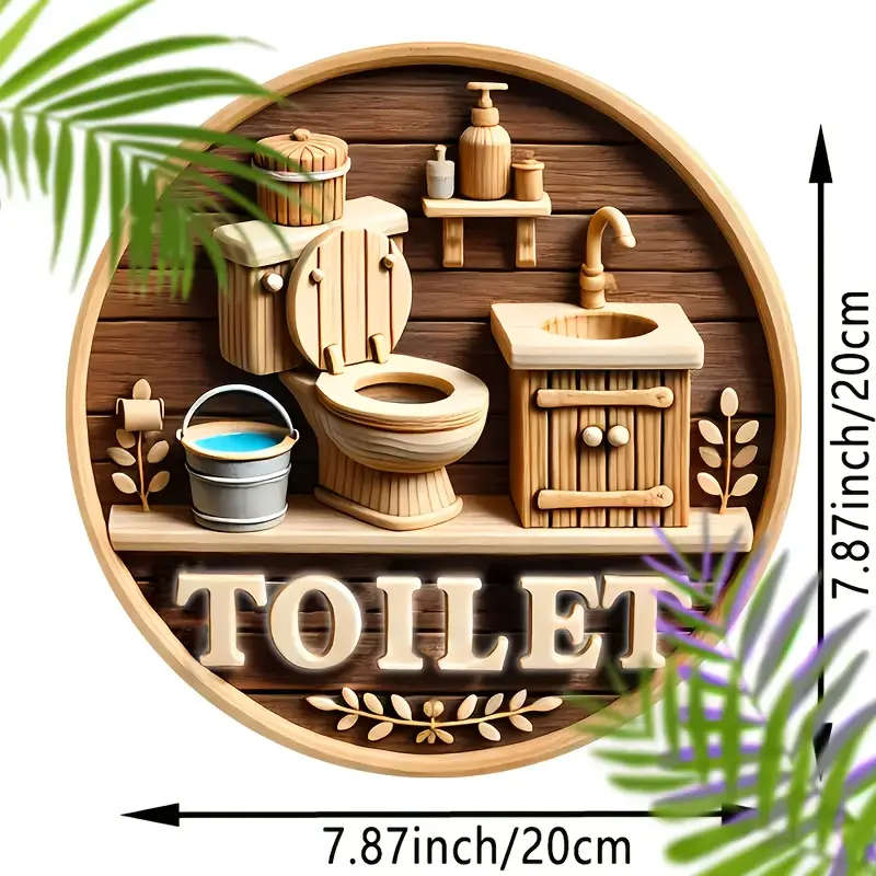 1pc Charming 20.32cm x 20.32cm Wooden Toilet Sign Rustic Bathroom Decor with Toilet Basin Leaf Motif