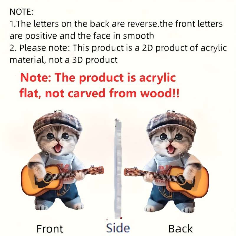 1pc 2D Flat  Charming Acrylic Guitar Cat Car Mirror Charm Decorative Art Pendant for Home Vehicl