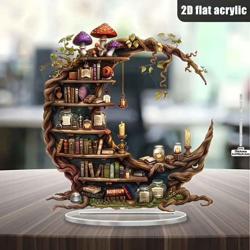 1pc 2D Flat  Acrylic Bohemian Moon-Shaped Bookshelf Enchanting Forest Mushroom Design Perfect f