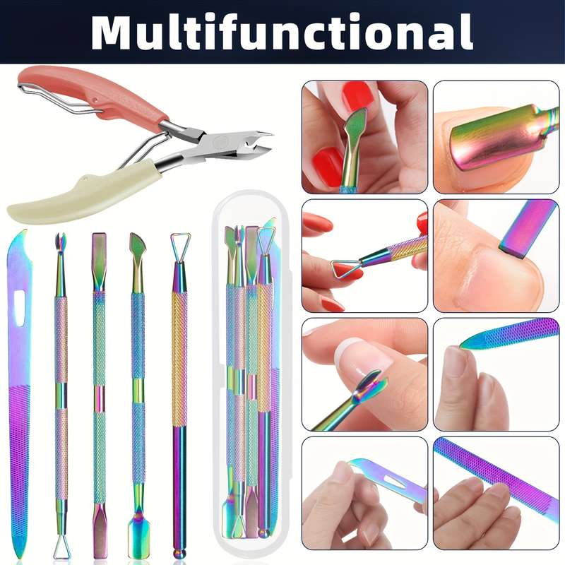 6pcs Professional Nail Care Set Stainless Steel Cuticle Scissors Slanted Clippers Dead Ligh