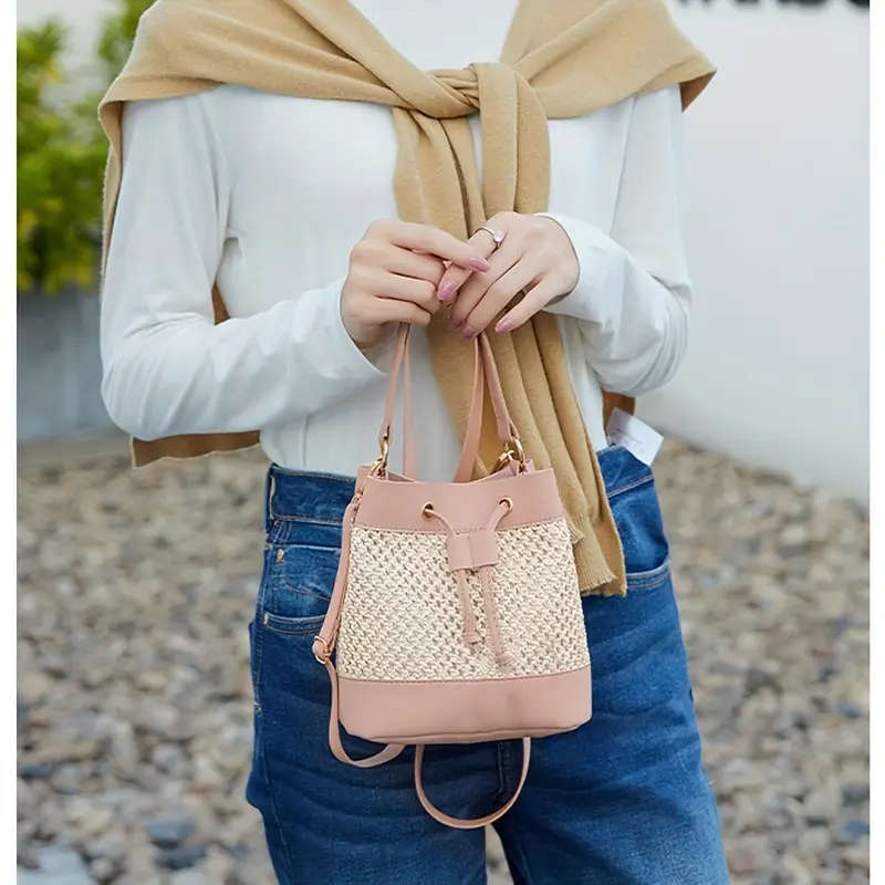 1pc Chic Hollow-Out Bucket Bag for Women Korean Style Woven Crossbody  Shoulder Bag in Beige
