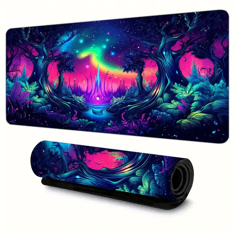 1pc 30x80cm Vibrant Neon Aurora Forest Gaming Mouse Pad Soft Rubber Base Non-Slip Desk Mat