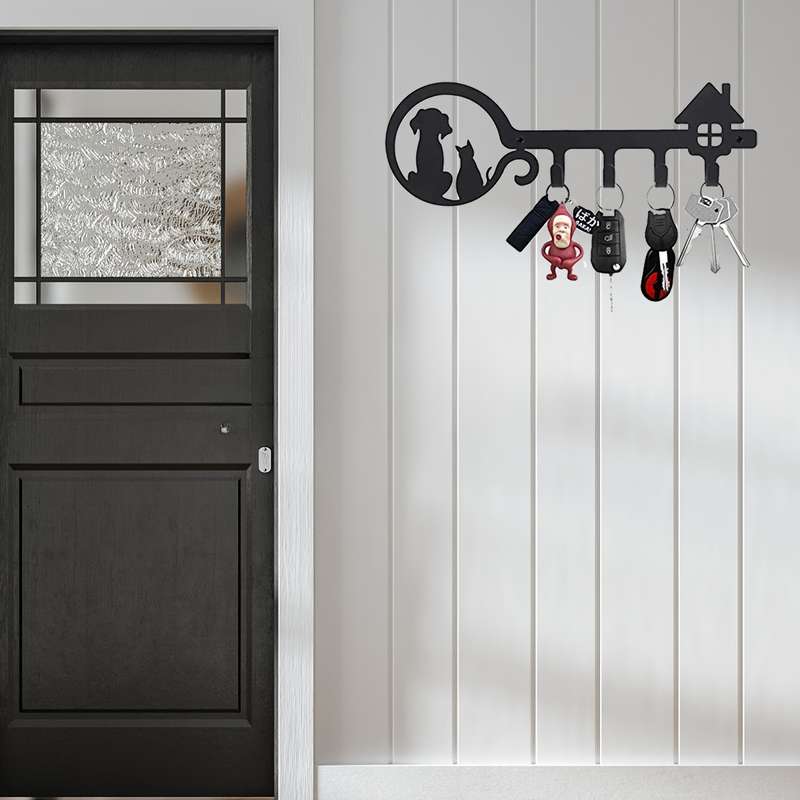 1pc Decorative Black Metal Key Holder 11-inch Cat And Dog Silhouette 4 Hooks Wall Mount