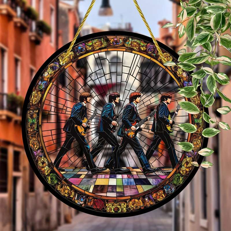 1pc 2D Flat 20.32cm Round Acrylic Sun Catcher with Stained Glass Style Iconic Beatles Design Vi