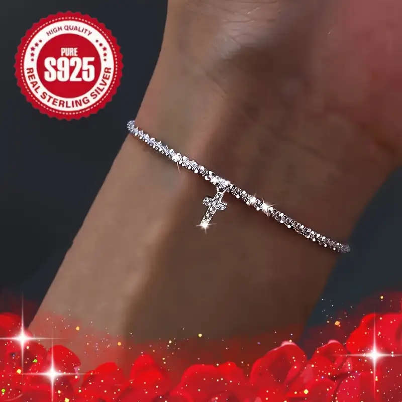 3 Piece 925 Silver Necklace with Cross Pendant, Zirconia Necklace and Cross Pendant Bracelet