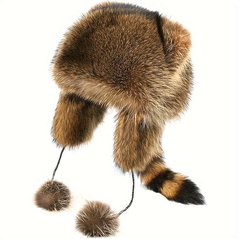 1pc Thick Faux Fur Pilot Hat Warm Coldproof Trapper Hat With Ear Flap Ski Hat Cute With Tail Ha
