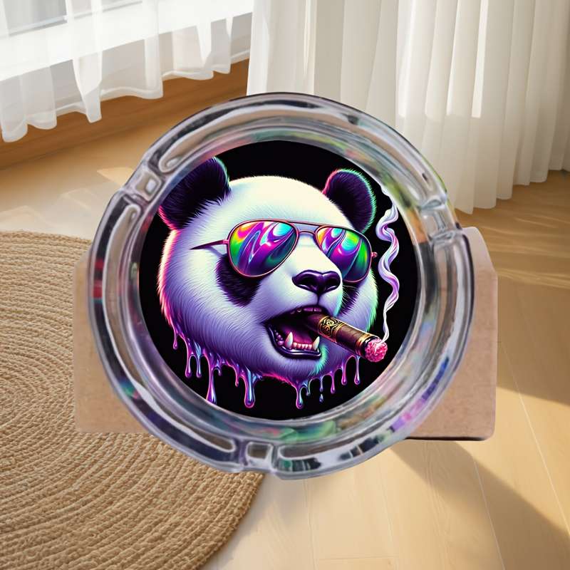 1pc Stylish Panda Ashtray Round Glass Design with Cool Fashion Glasses Cigar Theme Durable