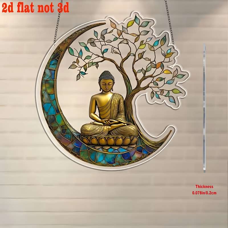 1pc 2D Flat  Vintage Buddha Suncatcher  Acrylic Stained Glass Window Hanging Decor 19.99cm x 2