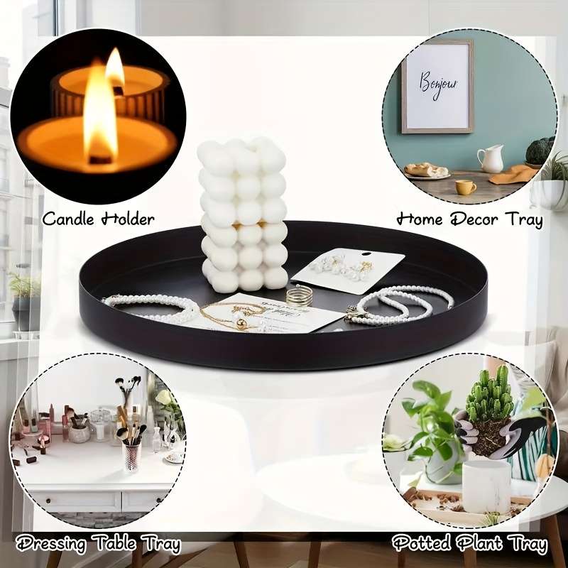 1pc Modern Black Round ABS Tray with Candle Holder Stylish Farmhouse Decor Suitable for Home Ki