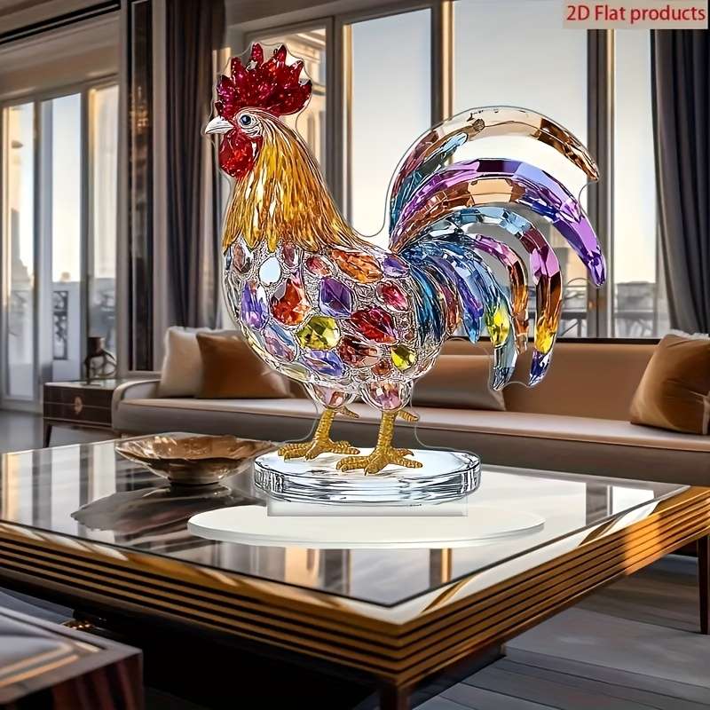1pc 2D Flat   Elegant Multicolor Crystal Rooster Desk Decoration Vibrant Acrylic Chicken O