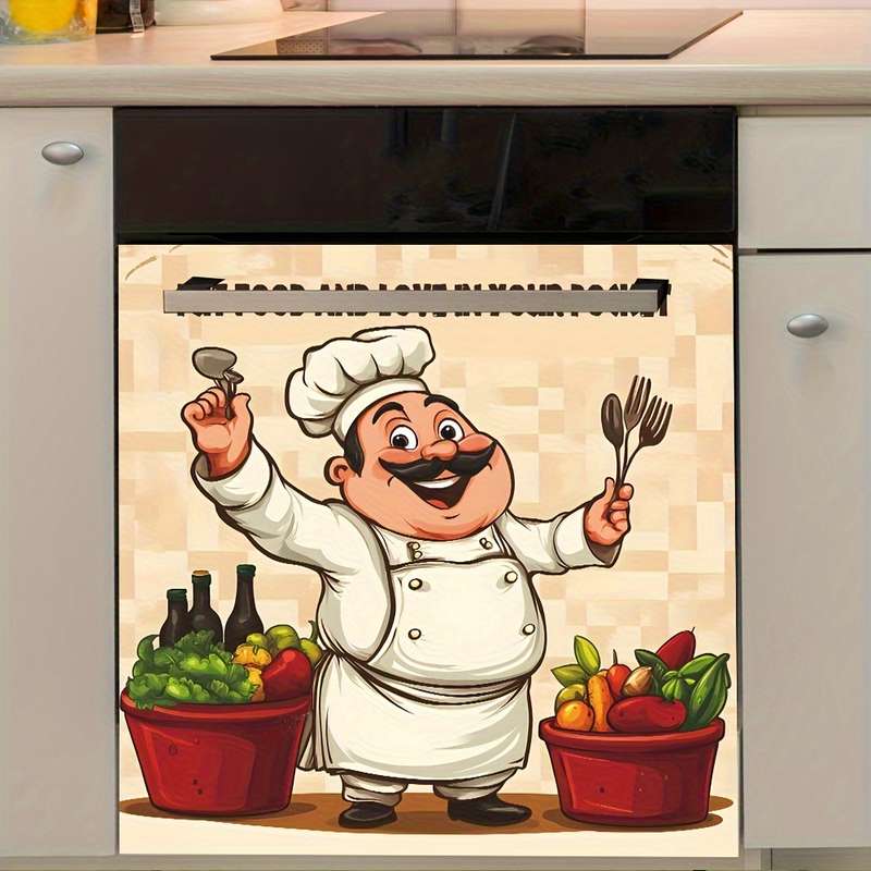 1pc Happy Chef Kitchen Wall Sticker Vibrant Cartoon Design with Fresh Fruits Vegetables Self-A