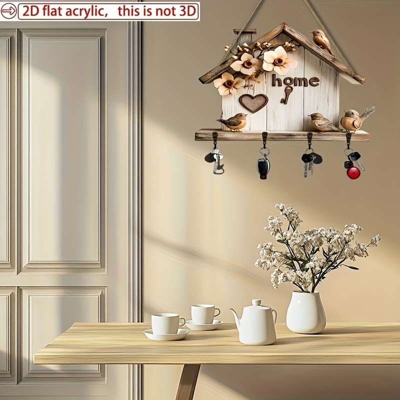 2D flatle and Colorful Wooden Home Key Holder Comes with Four Metal Hooks 30.0cm x 24.99cm 2D Wal