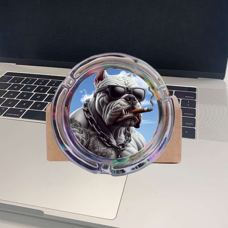 Glass Ashtray Bulldog Design with Fashion Glasses Cigar Illustration Multi-Color Round S