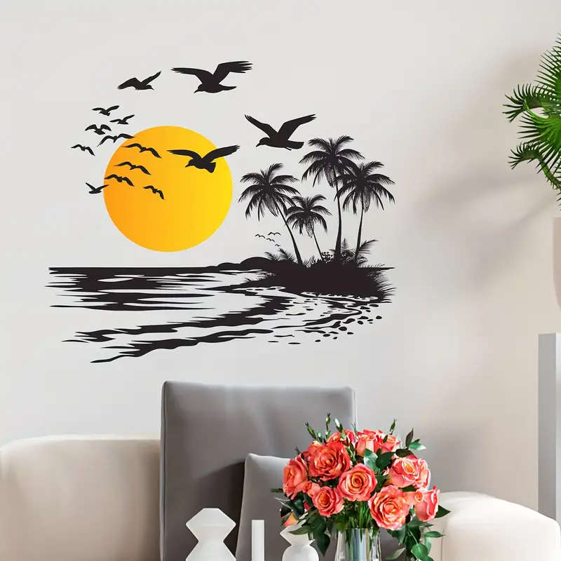 PVC Wall Decal Set  1PC Tropical Sunset Scene with Palm Trees and Flying Birds Removable Vinyl Wall