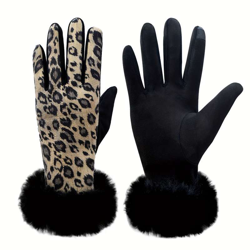 1 Pair Leopard Print Hair Mouth Gray Black Warm Gloves