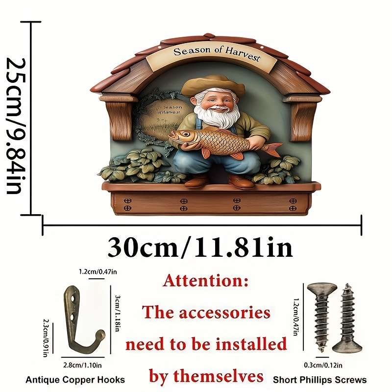 2D Flat 1pc Old Fisherman Holding Big Fish Simple Colorful Wooden Key Hanger for Home with Four M
