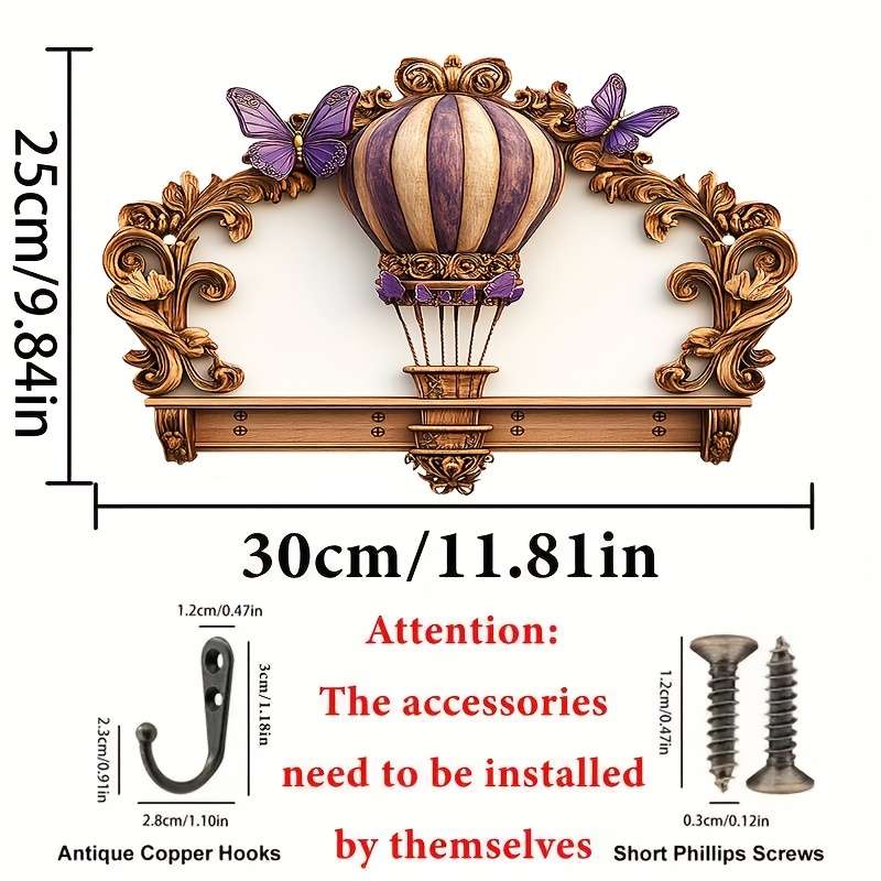 2D Flat 1pc gorgeous hot air balloon simple colorful wooden and home key hanger with four metal