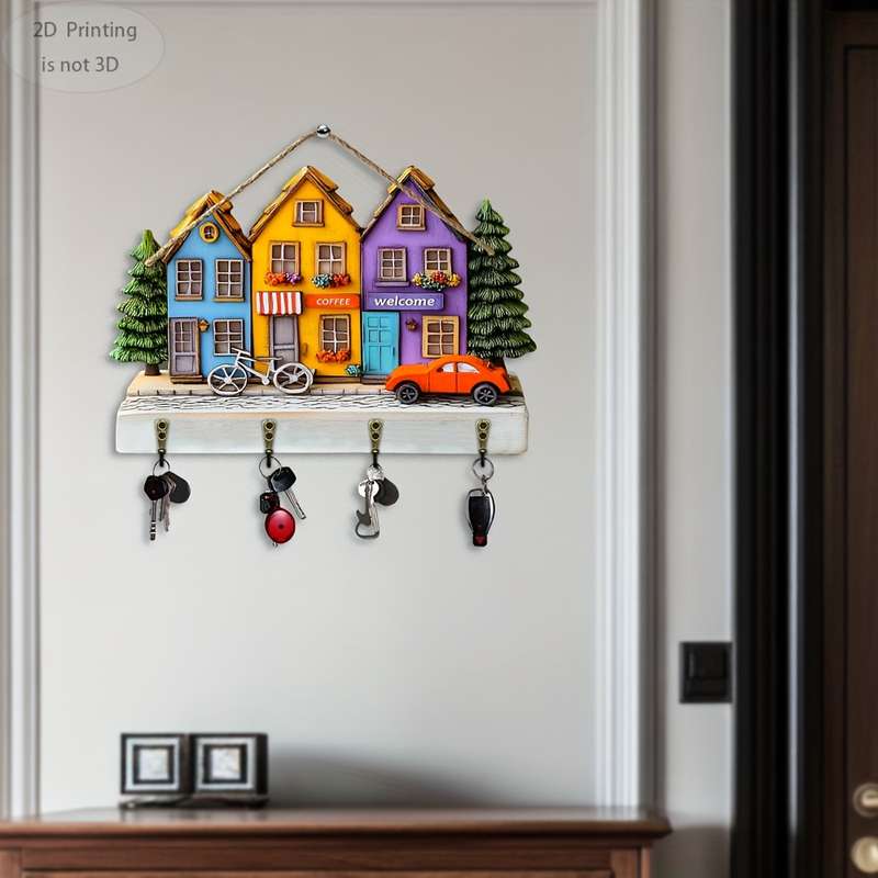 2D Flat 2D flat 1pc Warm Town CafeWooden multifunctional home key hanger (29.97cm x 22.86cm) w