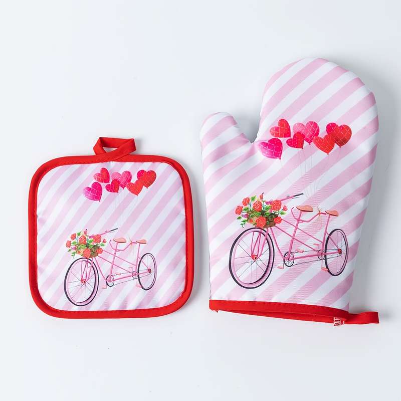 2pcs Valentine'S Day Kitchen Oven Gloves Set Polyester 100% Heat Resistant Baking Mitts Digit