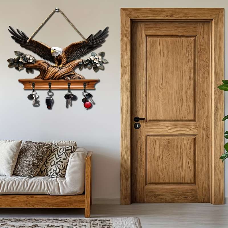 1pc Eagle Spreading Wings Simple Colored Wooden and Key Hanger with Four Metal Hooks (30.0cm x 24.