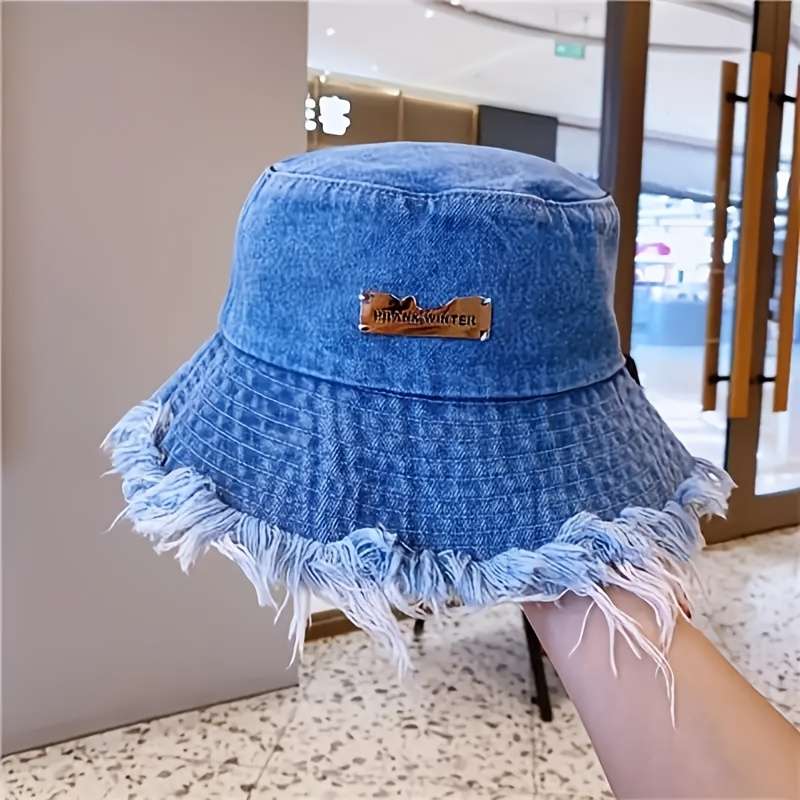 1pc Stylish Denim Bucket Hat with Letter Label Lightweight Versatile and Elastic Fisherman Hat