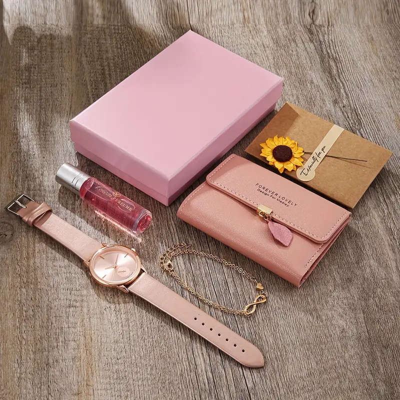 5PCS Minimalist Women's Gift Set Faux Leather Wallet with Snap Closure Leather Lining Matching Watch